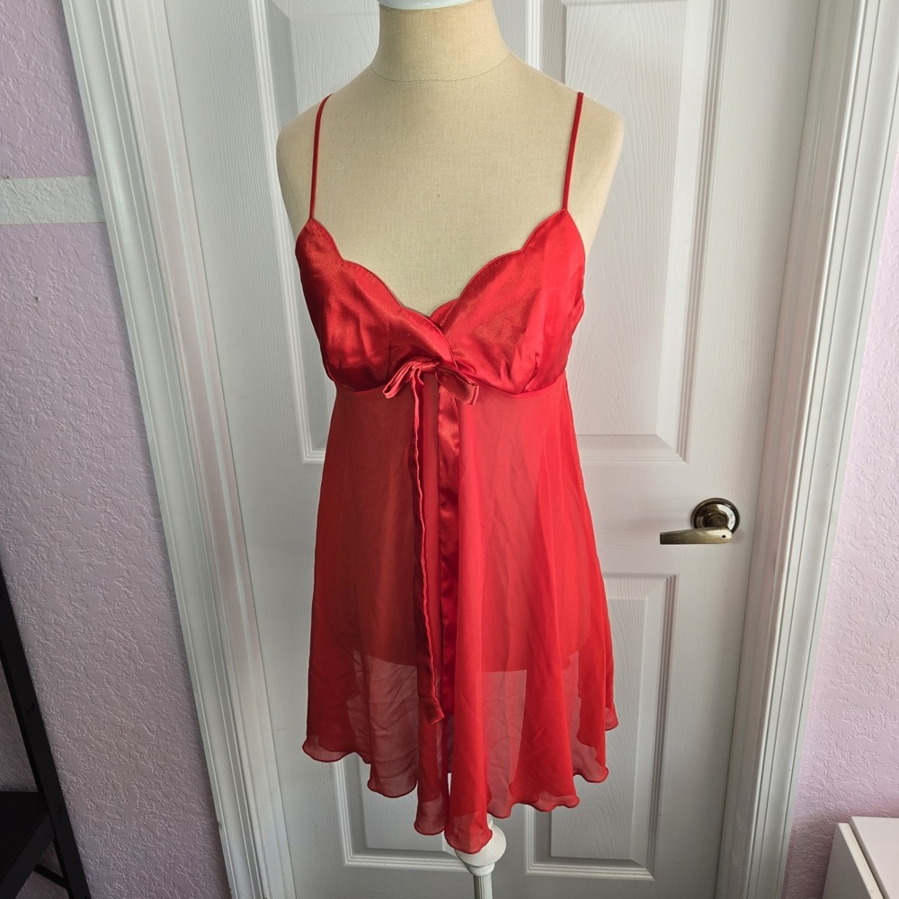 Victorias Secret Vintage Red Satin Mesh Chemise Size S Nightie Bow Lingerie